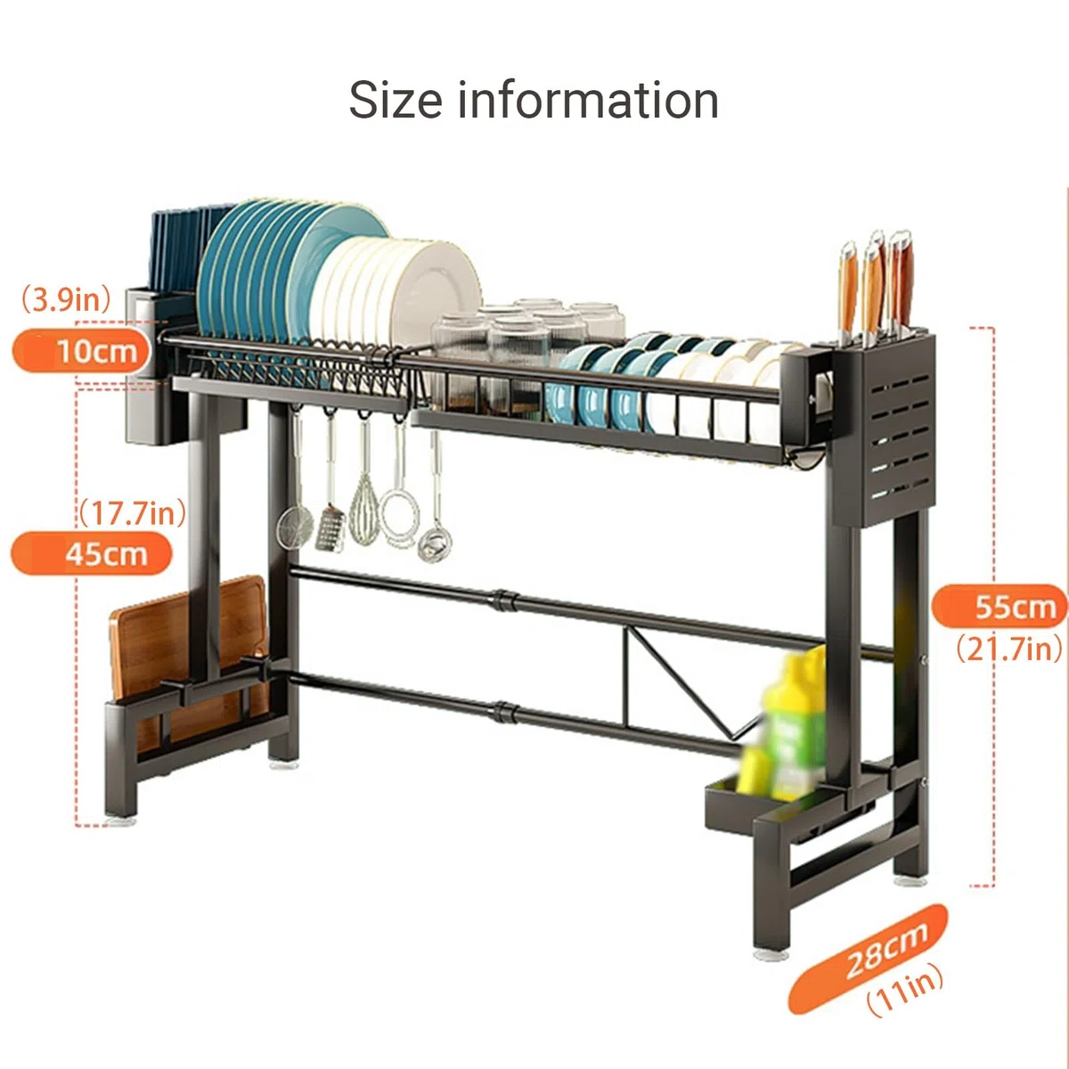 Escurridor de platos grande de metal con estantes para cubiertos y cesta extraíble, almacenamiento de vajilla de doble capa para platos, cuencos, utensilios