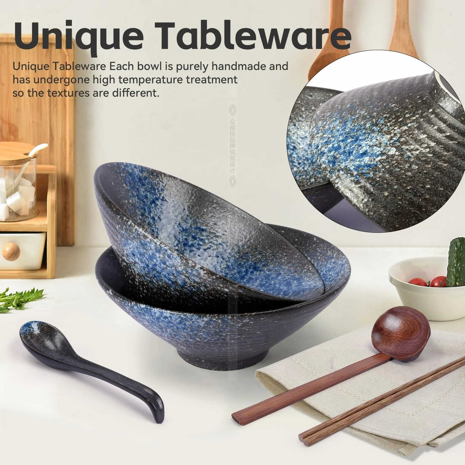 Juego De 2 Cuencos de Ramen, Ramen Bowl de Cerámica de 1000ML,Cuencos de Cerámica,Ramen Bowl Japonés de Cocina de Sopa de Porcelana Ensaladeras Para Pho y Tazón de Sushi Para Lavavajillas