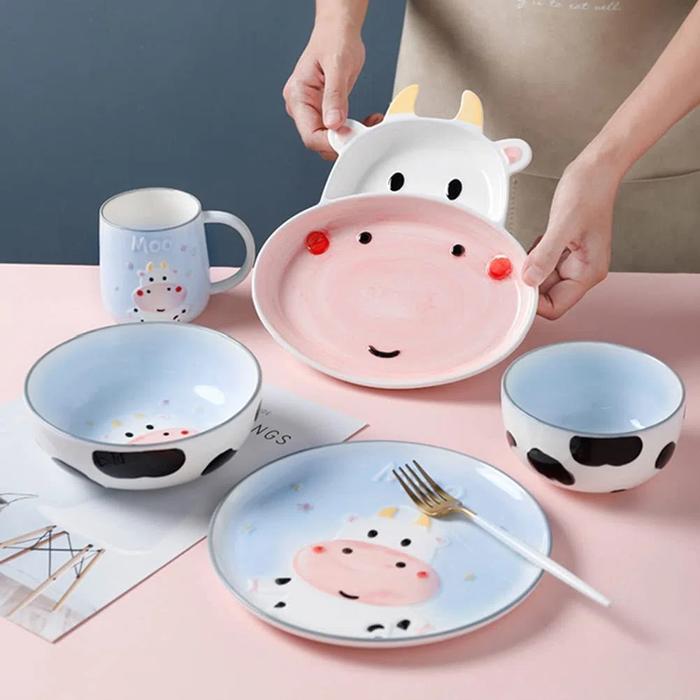 Juegos de vajilla para niños, Platos y Cuencos de Dibujos Animados de Animales, Juego de Porcelana Creativa para el hogar, Apto para lavavajillas y microondas, para 1 Persona