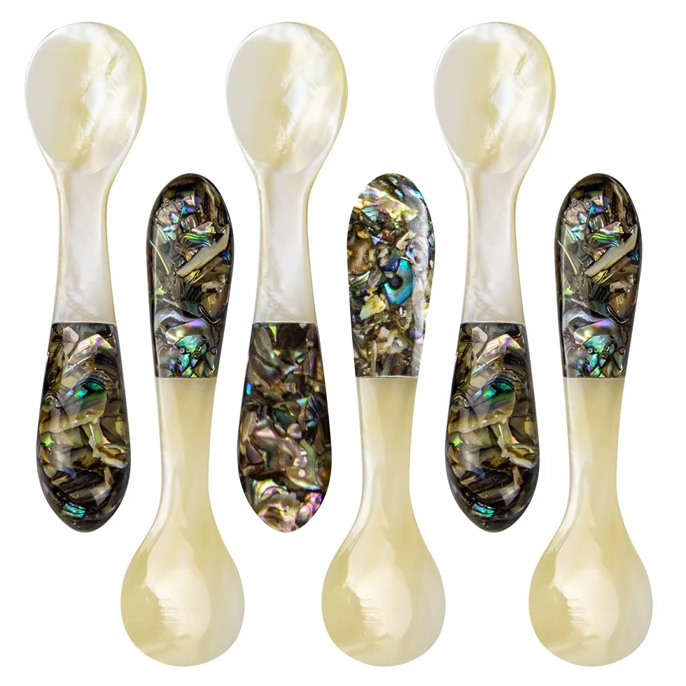 DUEBEL Juego de 6 cucharas de caviar con mango de abulón, cucharas de nácar de 4 pulgadas para servir caviar, servir huevos, vajilla para eventos de catering, decoración de mesa de restaurante