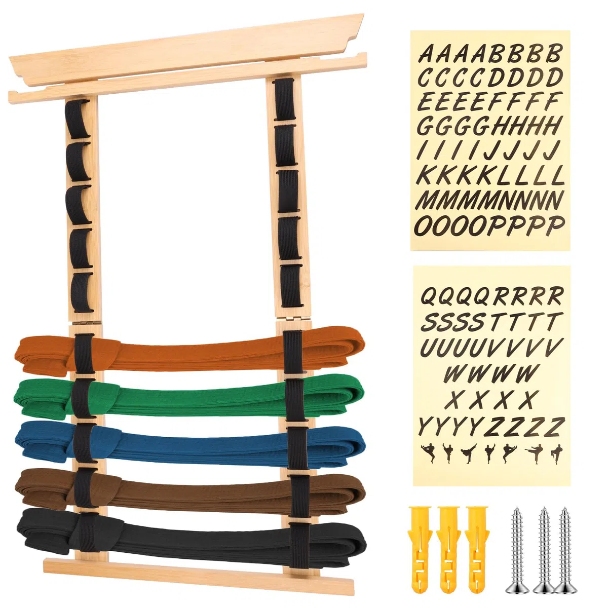 Soporte para cinturón Karate - 12 cinturones,Almacenamiento de cinturón de artes marciales de madera con colgador de medallas y pegatinas,Cinturón de artes marciales de madera,Equipo para