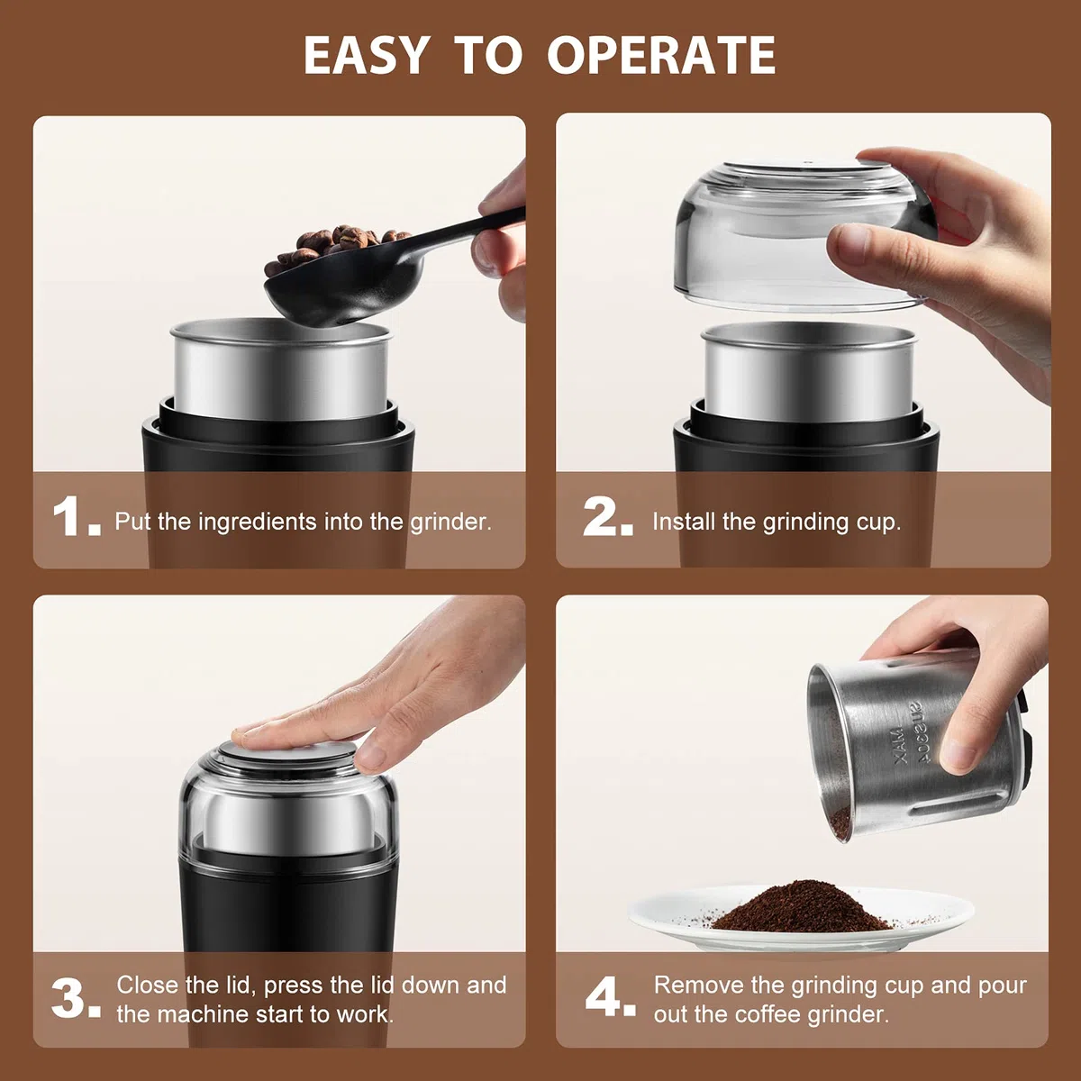Molinillo de Café Eléctrico 400W Molinillo de especias 100g Recipiente y Lavable Extraíble 4 Cuchillas de acero Inoxidable Café en Grano Especias Frutos Secos