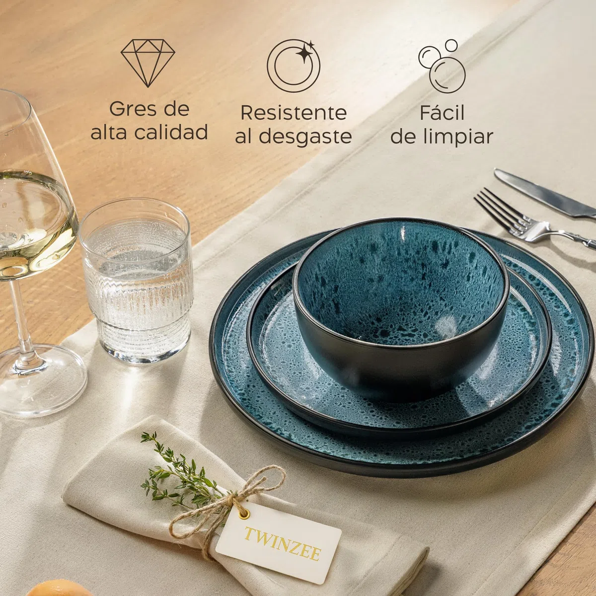 Twinzee Vajillas Completas 6 Personas de Gres Azur Resistente - 6 Platos Grandes estilo Riviera - Apta microondas