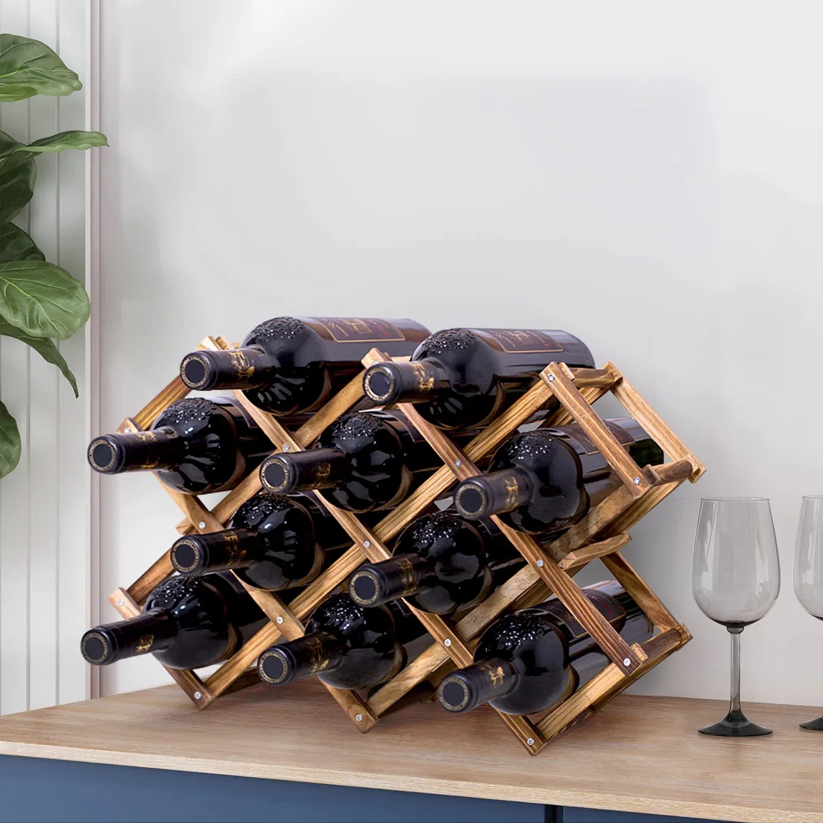 Botellero Plegable de Madera para 10 Botellas de Vino y Cerveza, Soporte Decorativo para Bar