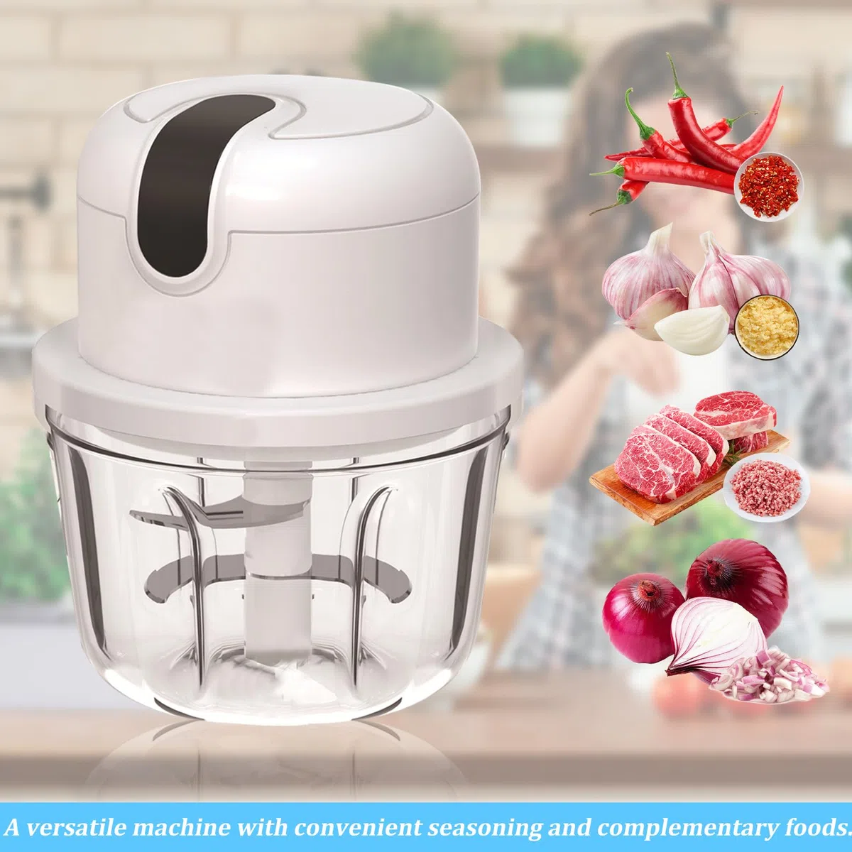 Picadora eléctrica con puerto USB, mini robot de cocina, 100 ml, 250 ml, 300 ml, cortador de verduras eléctrico con 3 cuchillas afiladas, prensa de ajo multifunción para carne, verduras, frutas