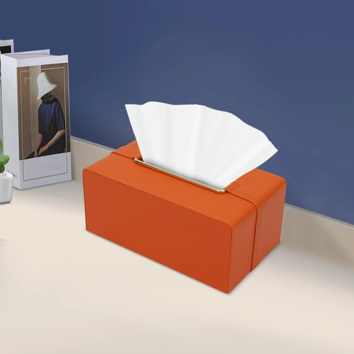 Caja para pañuelos con dispensador de pañuelos, caja rectangular de piel, diseño de cubierta inferior plegable, para dormitorio, salón y estudio, 21,9 x 12,95 x 9,9 cm (naranja)