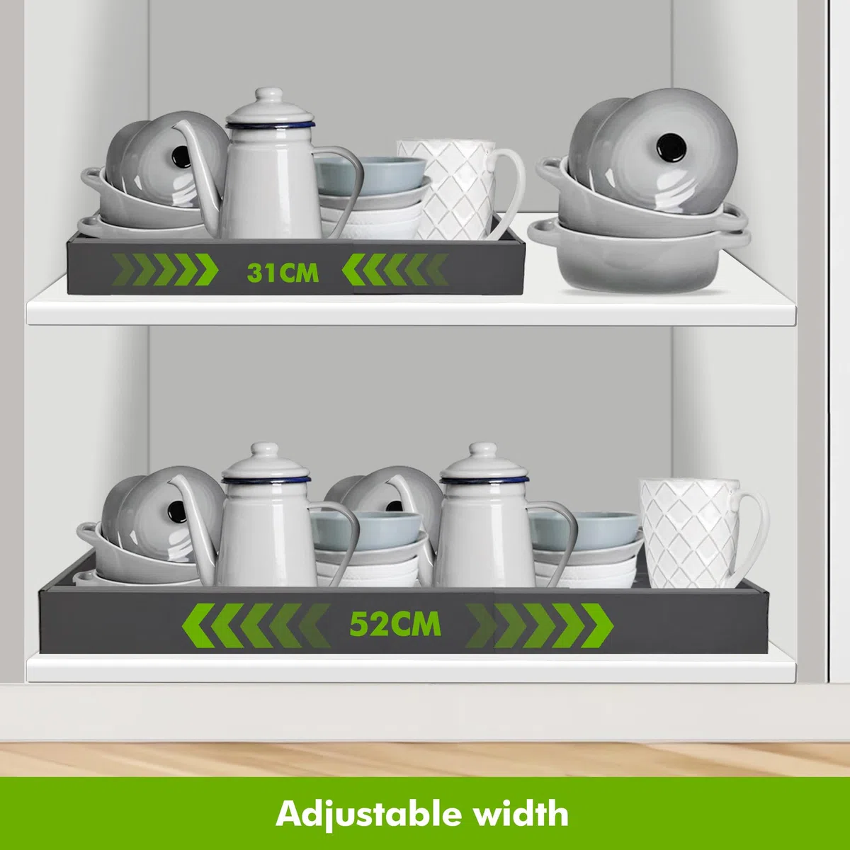 Mimoke Organizador de gabinete expandible y extensible, cajón telescópico para cocina con adhesivo, organizador de cajones de almacenamiento para cocina/baño (Gris titanio, (Pack de 2), Ancho 31-52 cm