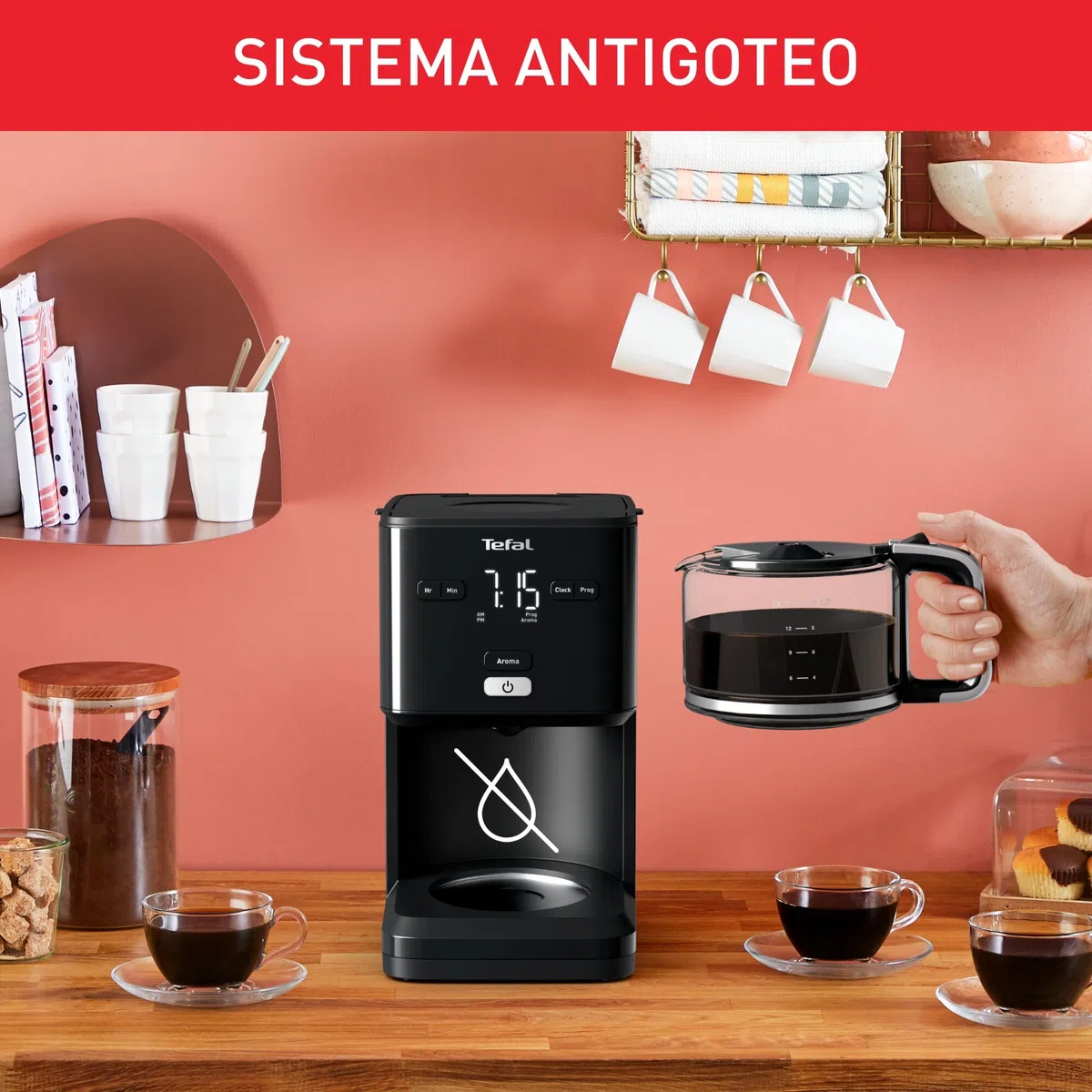 Tefal Smart N Light Cafetera Filtro, Cabezal de Extracción Extragrande, Programable 24h, Función Aroma, Apagado Automático en 30 minutos, Antigoteo, Capacidad de 1.25L, Color Negro, CM600810