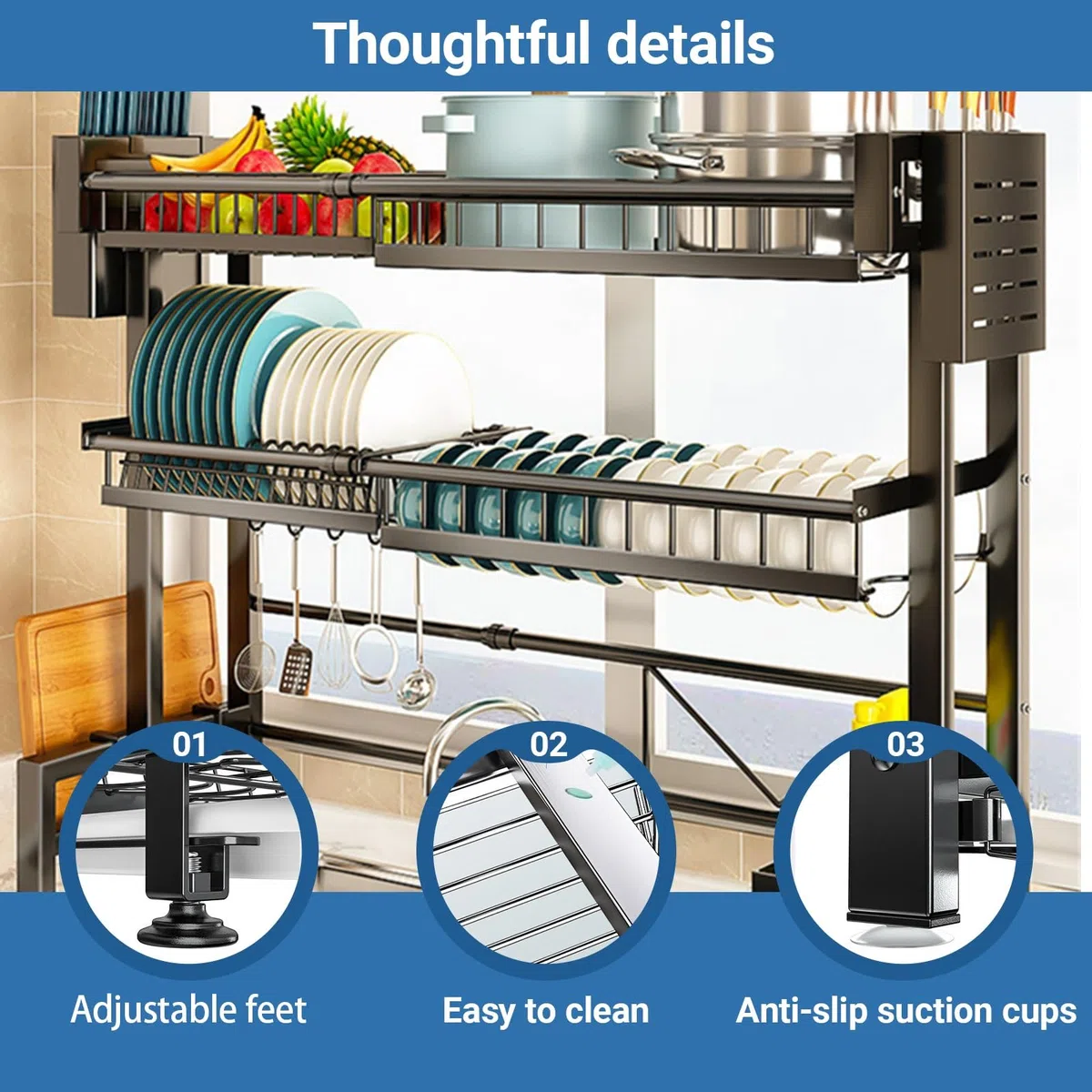 Escurridor de platos grande de metal con estantes para cubiertos y cesta extraíble, almacenamiento de vajilla de doble capa para platos, cuencos, utensilios
