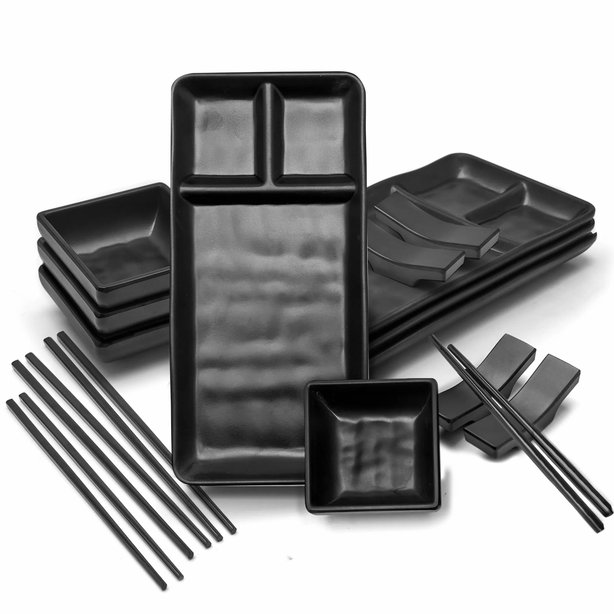 Vajilla Sushi Japonés (16 Piezas) – 4 Platos Individuales (19 X 14 Cm), 4 Tazones Para Salsa, 4 Pares De Palillos, 4 Soportes Para Palillos. En Melamina. Negro