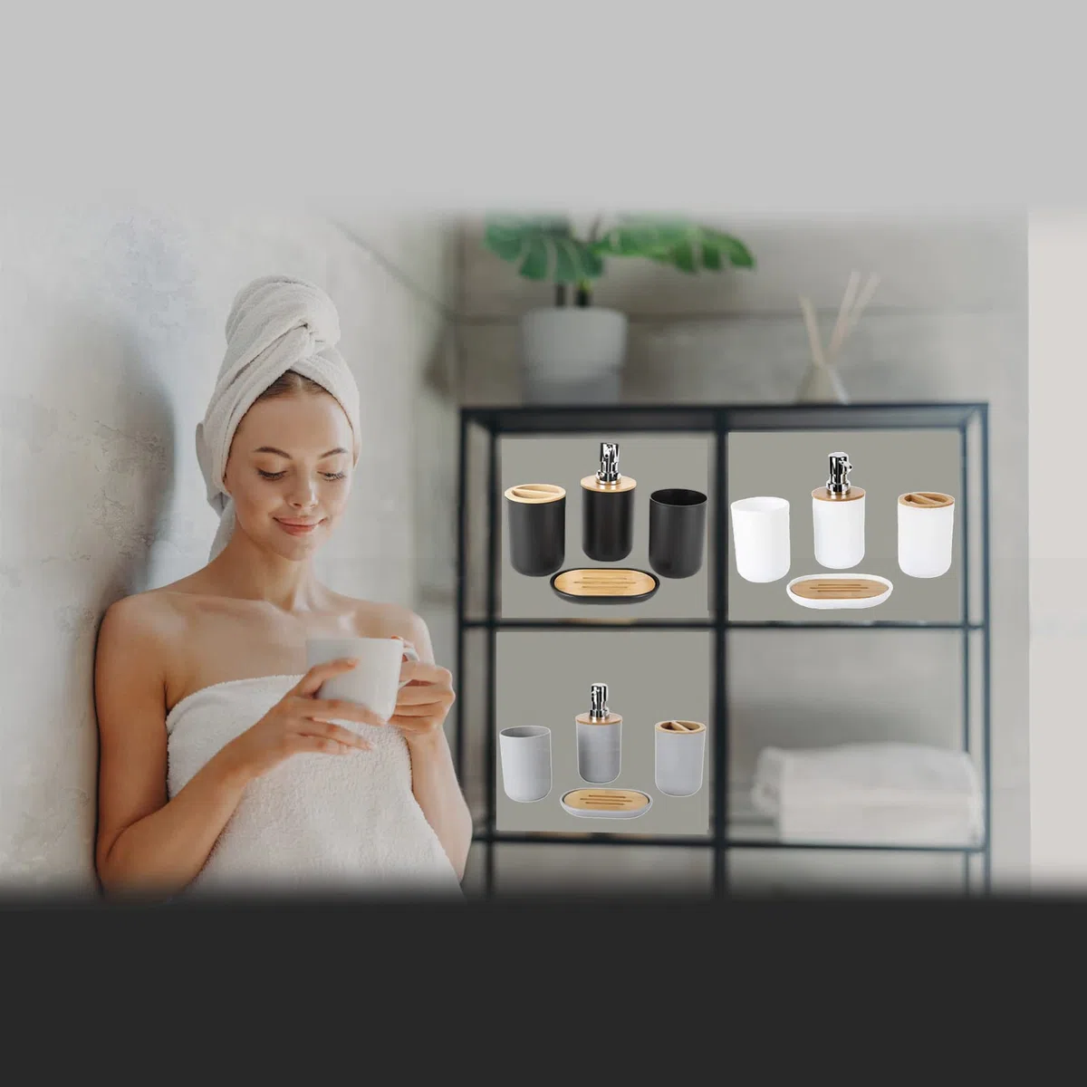 Juego de Accesorios de baño de 4 Piezas Incluye dispensador de jabón, Soporte para Cepillo de Dientes, Taza para Cepillo de Dientes, jabonera Accesorios baño jabón y Vaso (Gris)