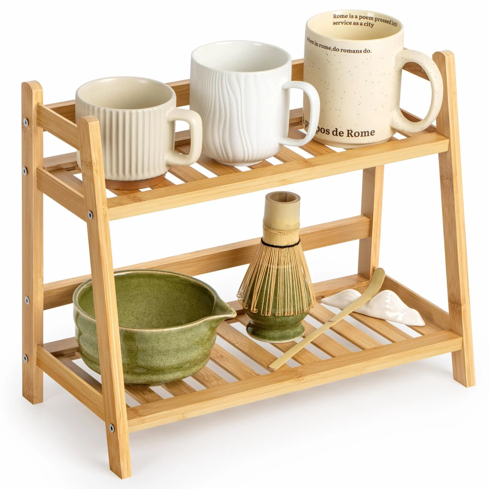 ANBOXIT Organizador Tazas De Bambú, Organizador Especias De 2 Niveles, Estanteria Cocina Para Coffee Corner, Para Encimera De Cocina, Rincon Del Café Y Té