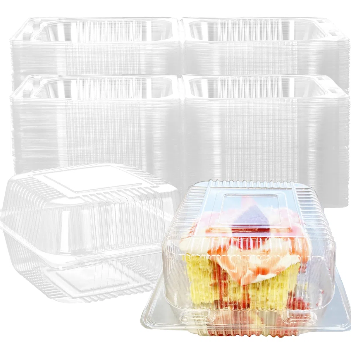 100 cajas individuales de 5.3 pulgadas, cajas cuadradas transparentes apilables de plástico para porciones, magdalenas, hamburguesas, ensalada, pastelería