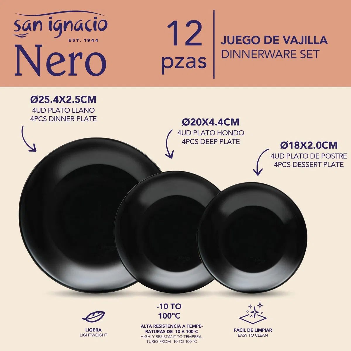 Juego de Vajilla de 12Pzs Negro San Ignacio