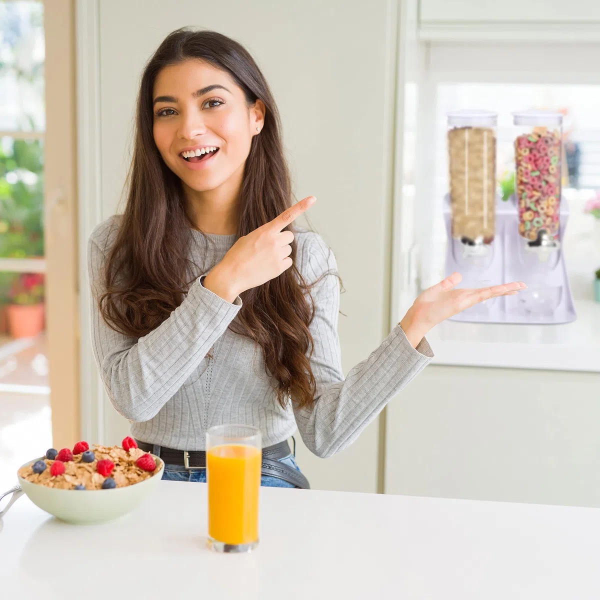 Relaxdays Dispensador Cereales Doble, Dosificador Frutos Secos, Desayuno, Botes Golosinas, Recipientes Plástico, Blanco