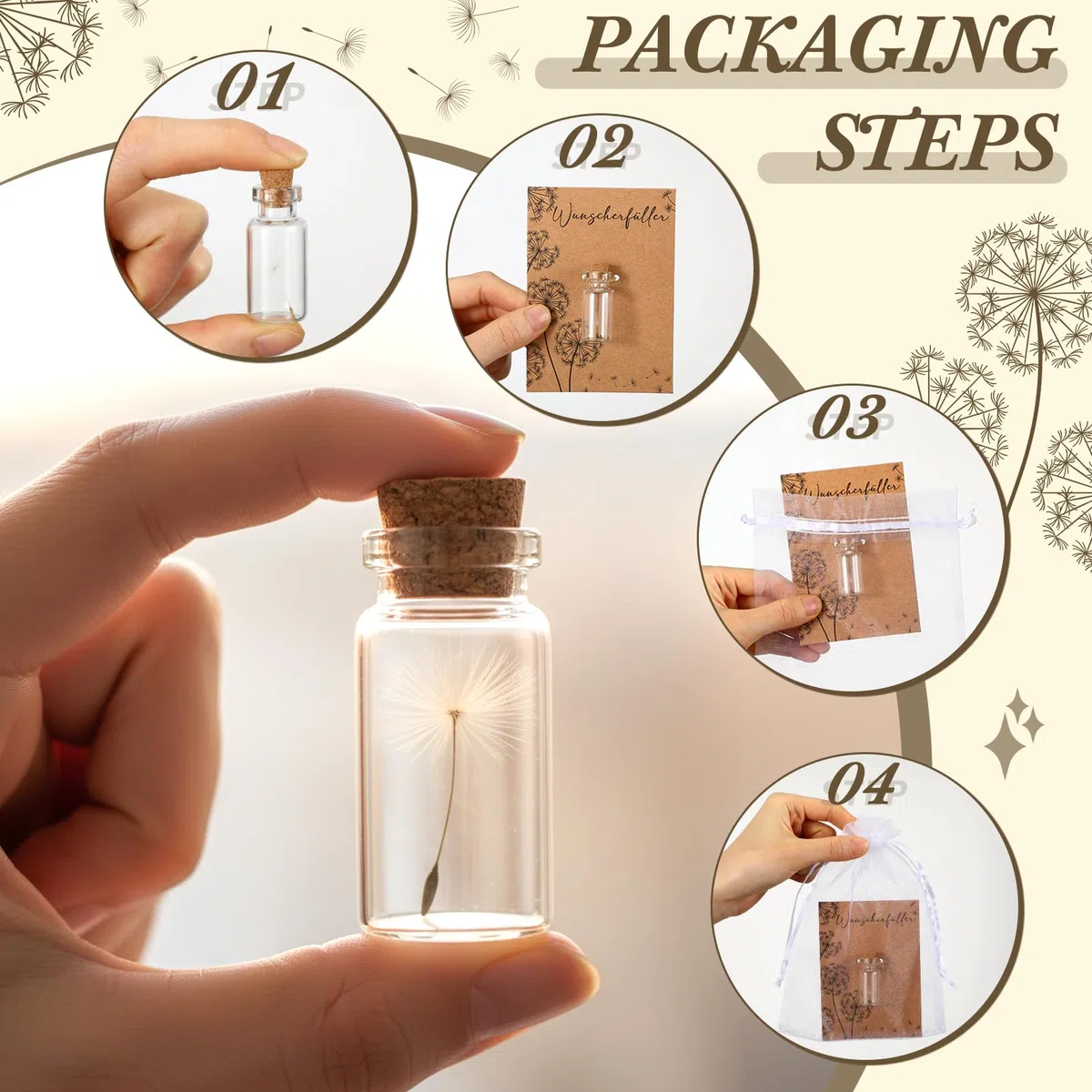Geiserailie 12 Set Pequeño Concededor de Deseos Dientes de León en Frasco Tarjeta Bolsa de Organza Cuerda Regalo de Gracias Amuleto de Suerte Favores de Fiesta para Navidad Cumpleaños Boda