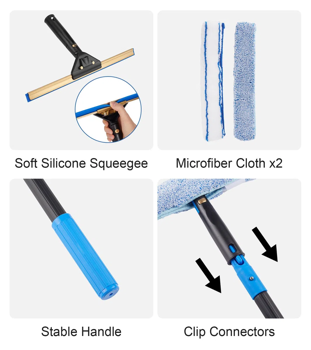 Kit de escobilla giratoria con 4 postes de extensión, raspador de vidrio, plumero flexible, 2 paños de limpieza de ventanas para vidrio, coche, suelo, hogar, jardín