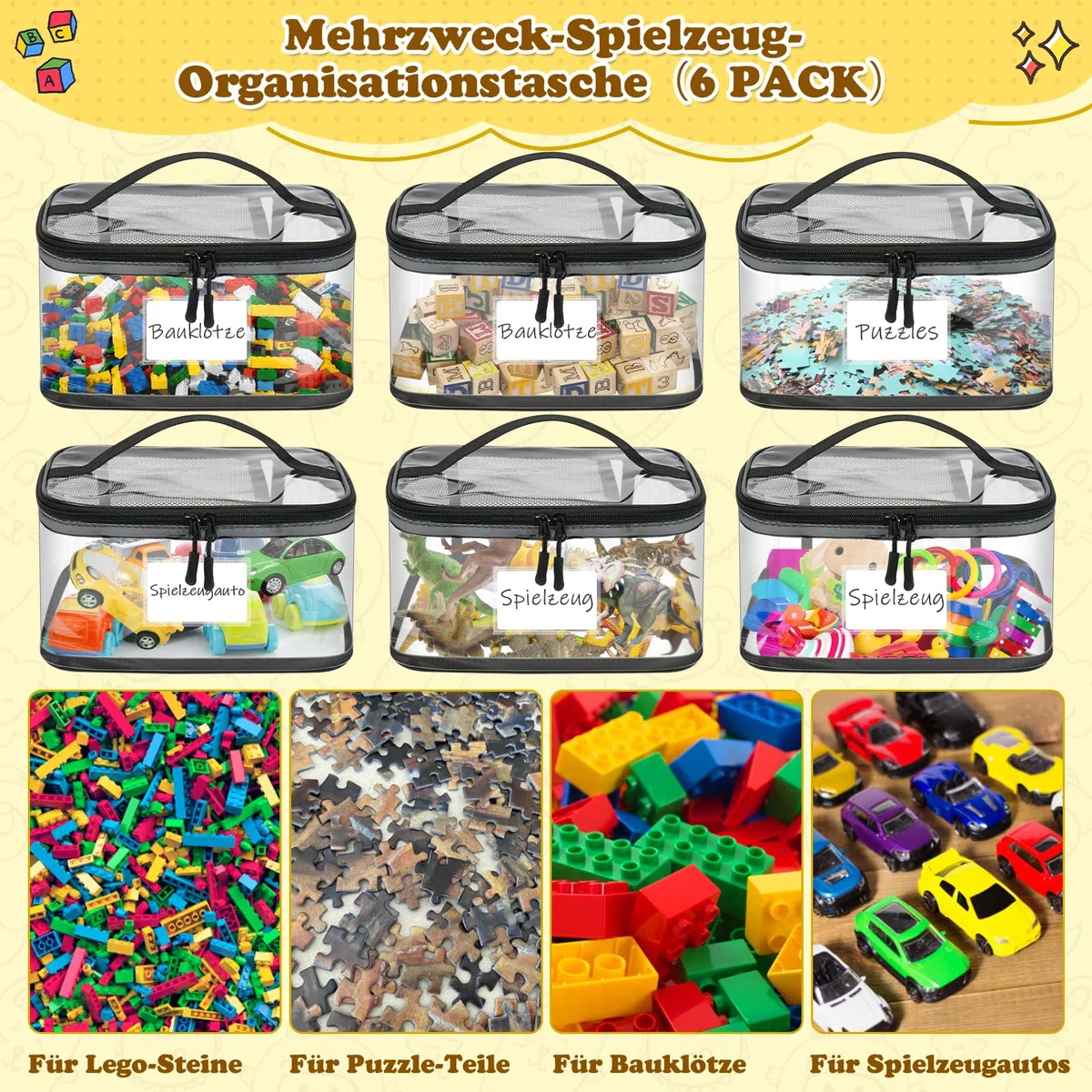6 bolsas de almacenamiento para juguetes, transparentes, impermeables, de PVC, con etiqueta de nombre e instrucciones (idioma español no garantizado), para almacenamiento de Lego (Large)