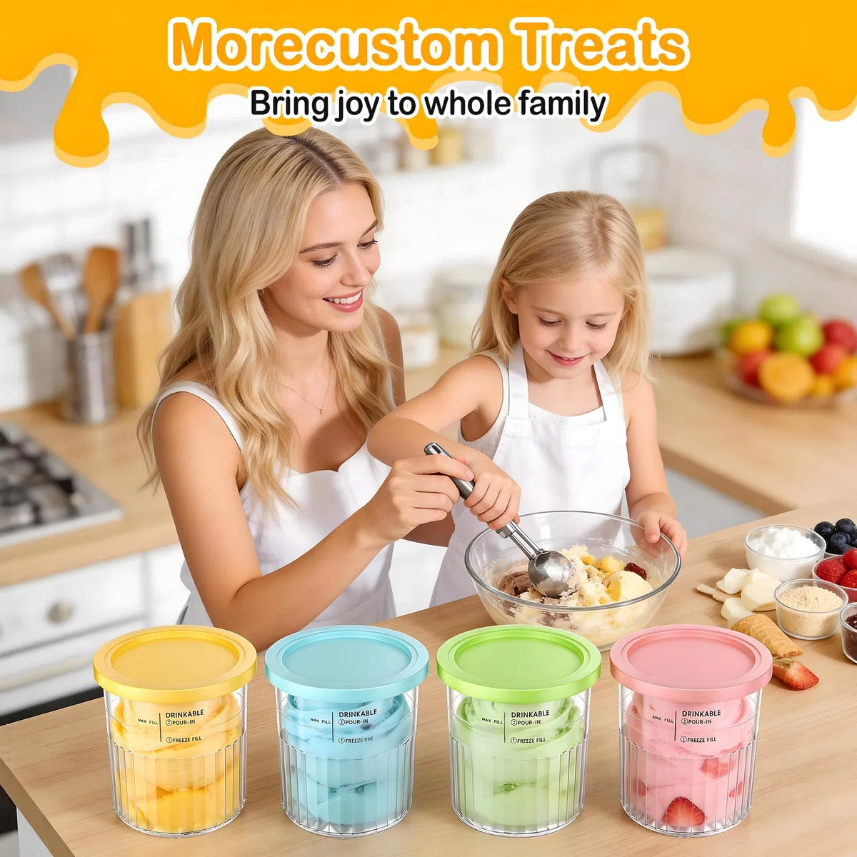 Kssvzz 4 Piezas Ninja Creami Deluxe, Recipiente para Helados con Tapa Reutilizables, Libre de BPA, Apto para Lavavajillas, 24 oz Aptos para Lavavajillas, sin BPA, con Cuchara de Aluminio (NC500)