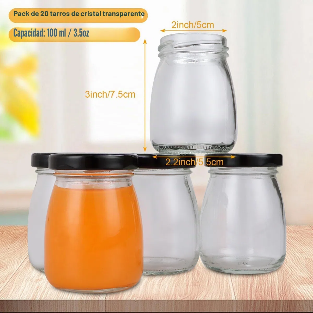20 tarros de yogur de 100 ml con tapa negra, frascos pequeños de cristal, mini botellas de cristal para mermelada, miel, gelatina, mousse, especia