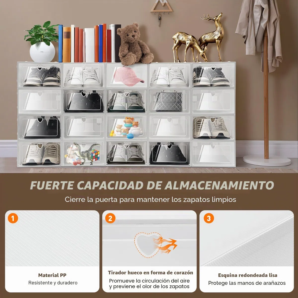 20 cajas para zapatos apilables de plástico transparente con tapa, ahorro de espacio, 33 x 23 x 14 cm
