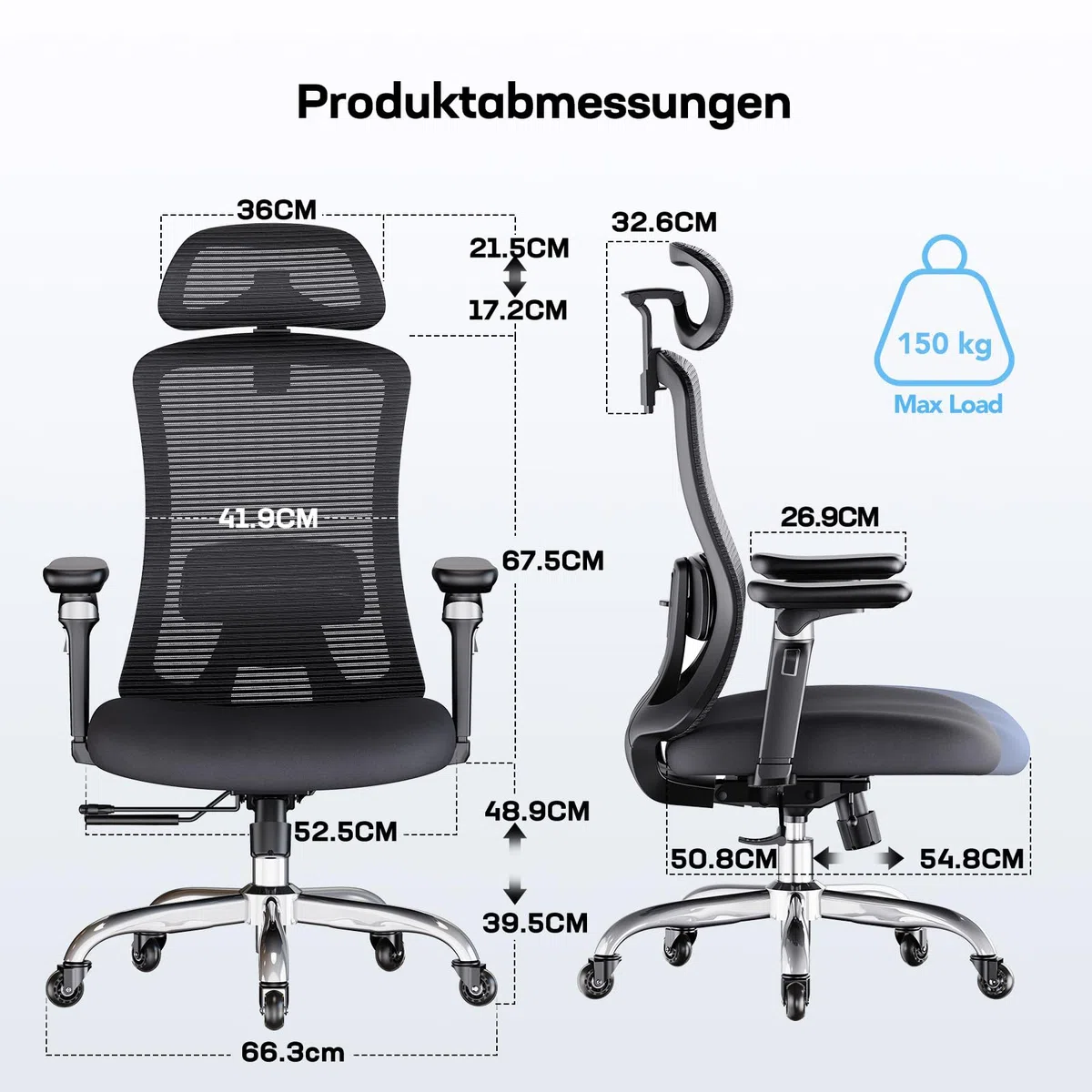 Marsail Silla Escritorio Ergonomica con Apoyabrazos 6D, Respaldo Ajustable en 3D, Asiento Deslizante, Soporte Lumbar y Bloqueo Inclin en 4 Posiciones–Silla Alta y Reforzada con Capacidad 150 kg, Negro