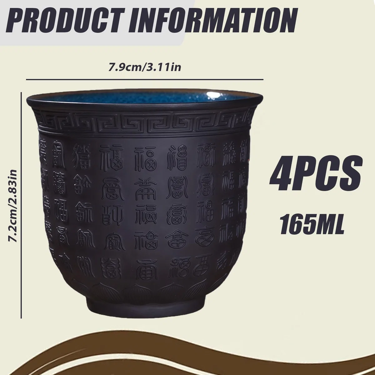 GOMETY Juego de 4 tazas de té japonesas, 165 ml, tazas de té asiáticas pequeñas, tazas de cerámica sin asa, tazas de té de porcelana con texto de buena suerte en relieve para té, sake café regalos