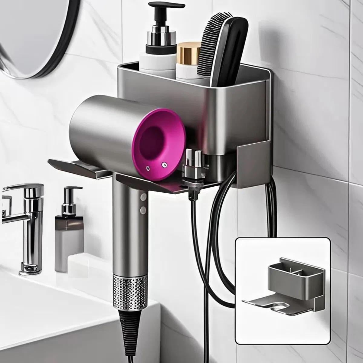 Soporte para secador de pelo, montaje en pared, soporte de almacenamiento de aluminio de alta calidad para secadores de pelo, herramientas de peinado y accesorios con gestión de cables, apto