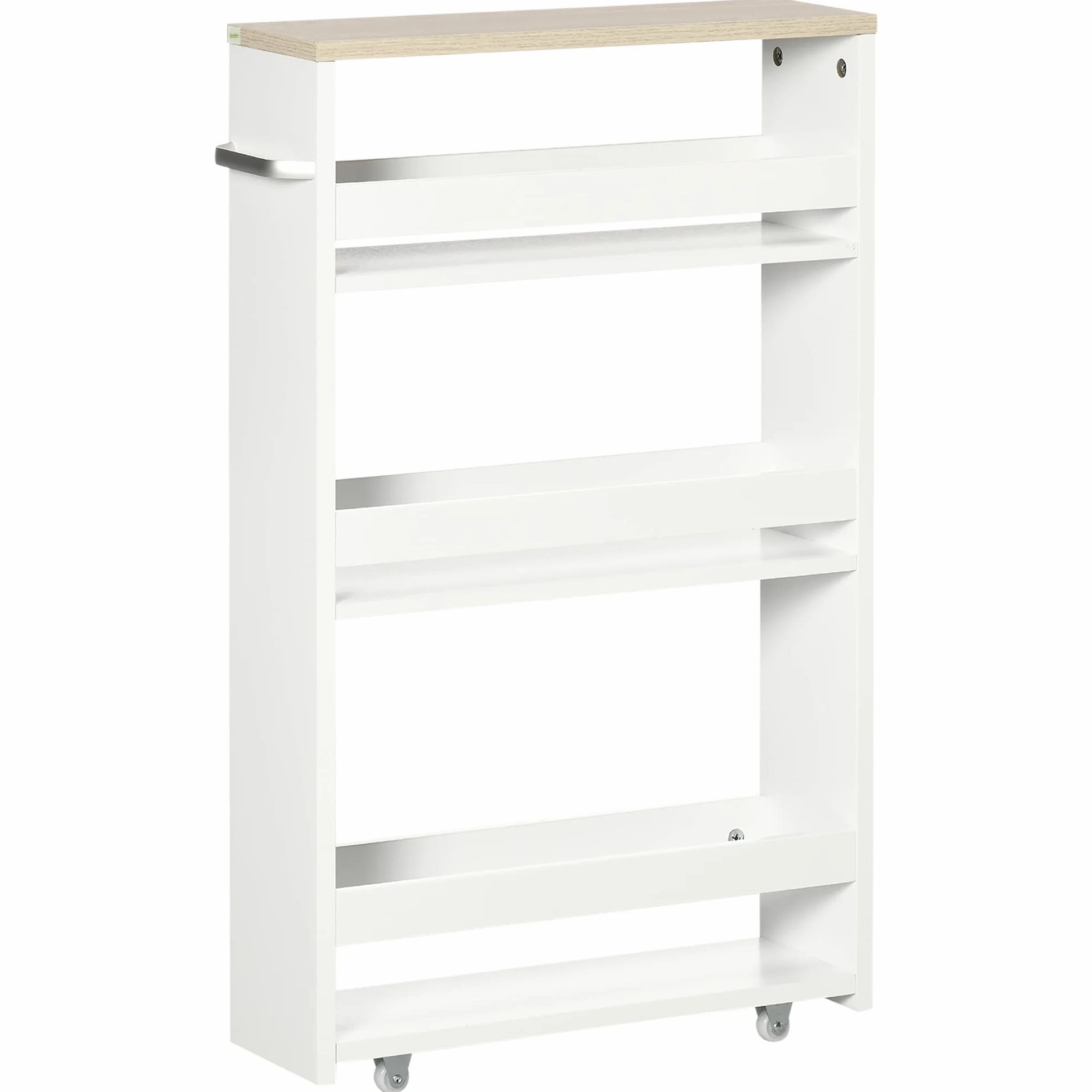 kleankin Carrito Auxiliar con Ruedas Delgado de 3 Niveles, Carrito de Cocina Estrecho con 3 Estantes, Tablero y Asa, para Comedor, Salón, Baño, 48x15x80 cm, Blanco