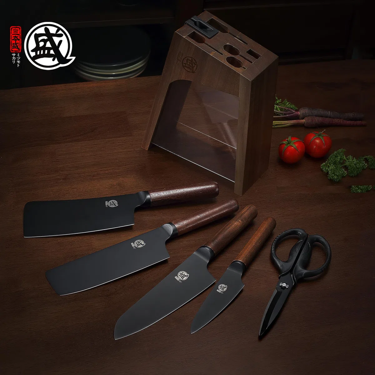 MITSUMOTO SAKARI 6 Pcs Juego de Cuchillos Cocina Japoneses Profesionales | Cuchillos Basicos Cocina Alemán de Aleación de Acero Premium y Tijeras Desmontables, Set Cuchillos con su Propio Afilador