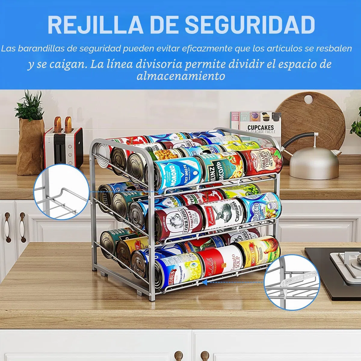 Organizador de Latas Apilable de 3 Niveles - Dispensador de Almacenamiento Para 36 Latas - Para Alimentos, Armarios de Cocina o Despensa - Color Plateado