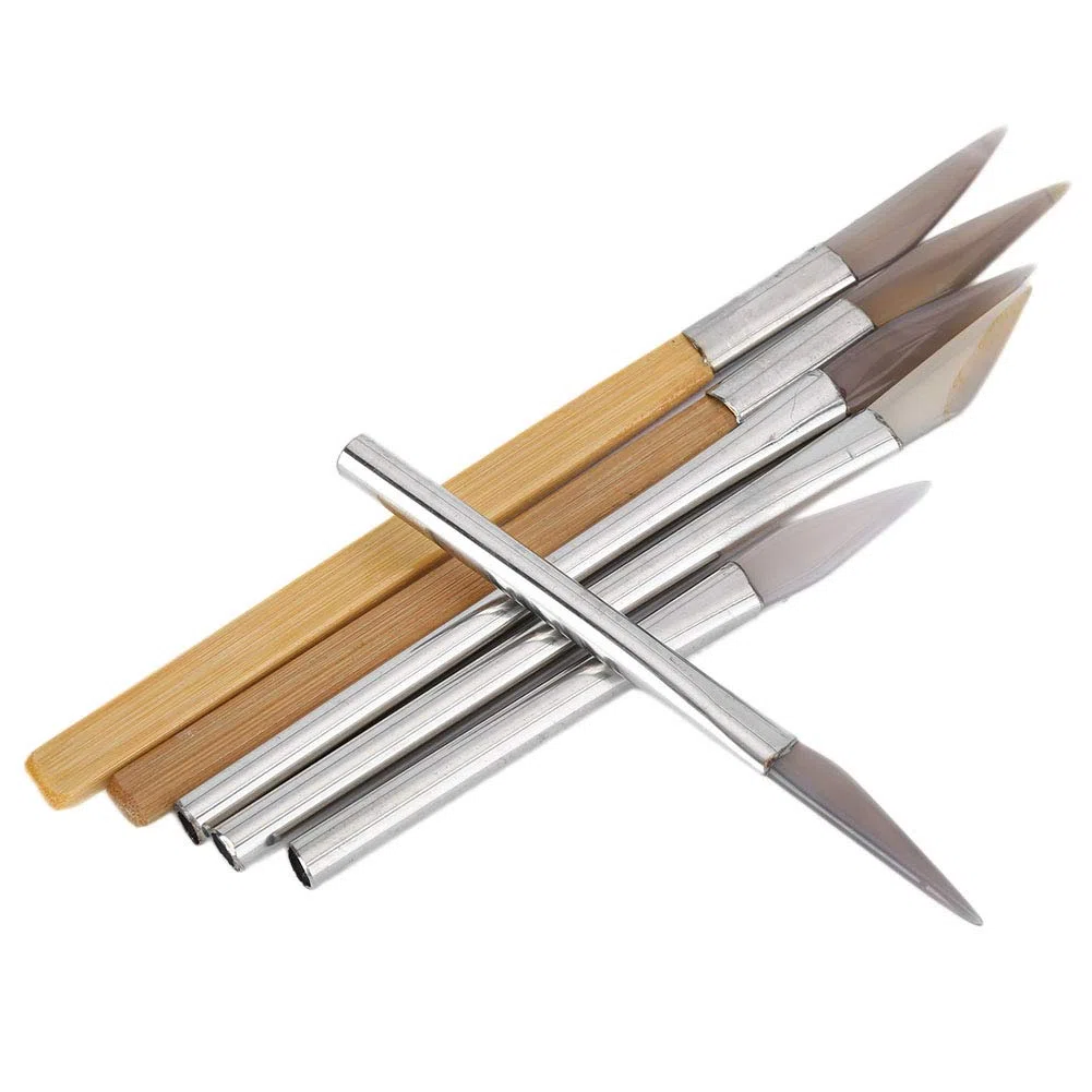 Bruñidor de ágata, 6 uds Juego de bruñidor de ágata con bordes de cuchillo herramientas de pulido artesanal tallado de metales preciosos con mango de hierro de bambú bruñidores de ágata
