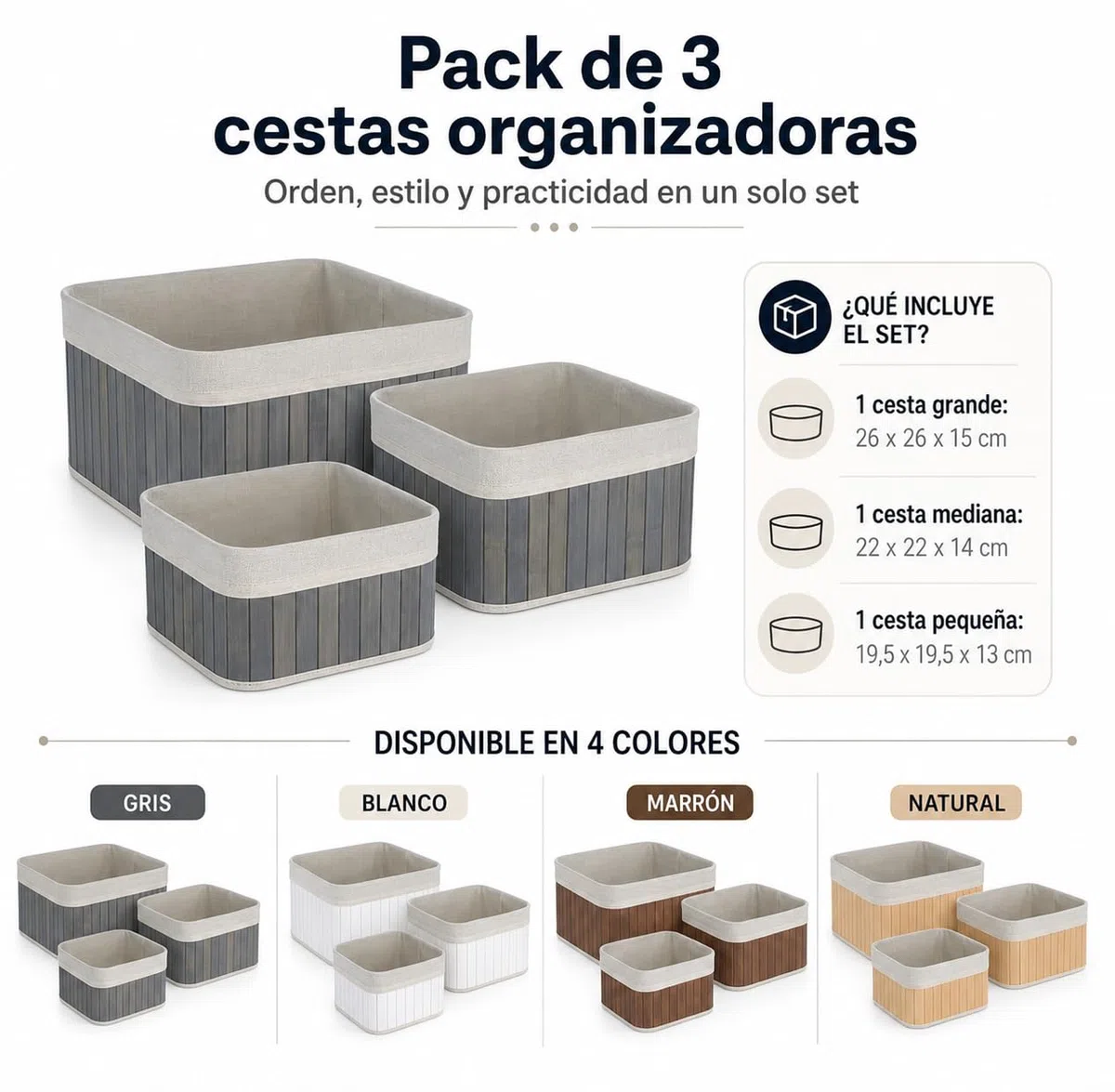 HERSIG - Cesta de Bambu | Cesta Decorativa Cuadrada Color Blanco - 26x26x15 cm - 22x22x14cm - 19,5x19,5x13cm - Pack 3 Unidades