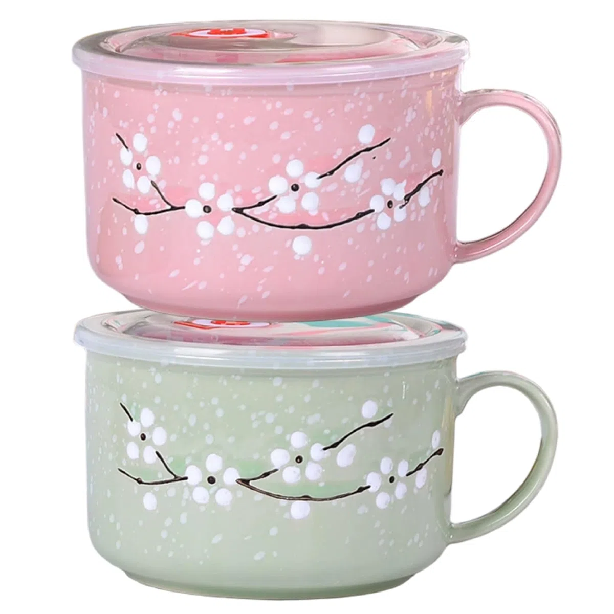 Tazones de sopa con tapas y asas | 2 tazones de sopa con asas, taza de microondas con sellado resistente al calor de 800 ml / 28 oz con tapa Taza de viaje de cerámica floral Wintersweet para ramen, f