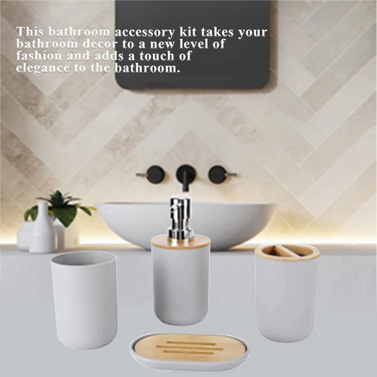 Juego de Accesorios de baño de 4 Piezas Incluye dispensador de jabón, Soporte para Cepillo de Dientes, Taza para Cepillo de Dientes, jabonera Accesorios baño jabón y Vaso (Gris)