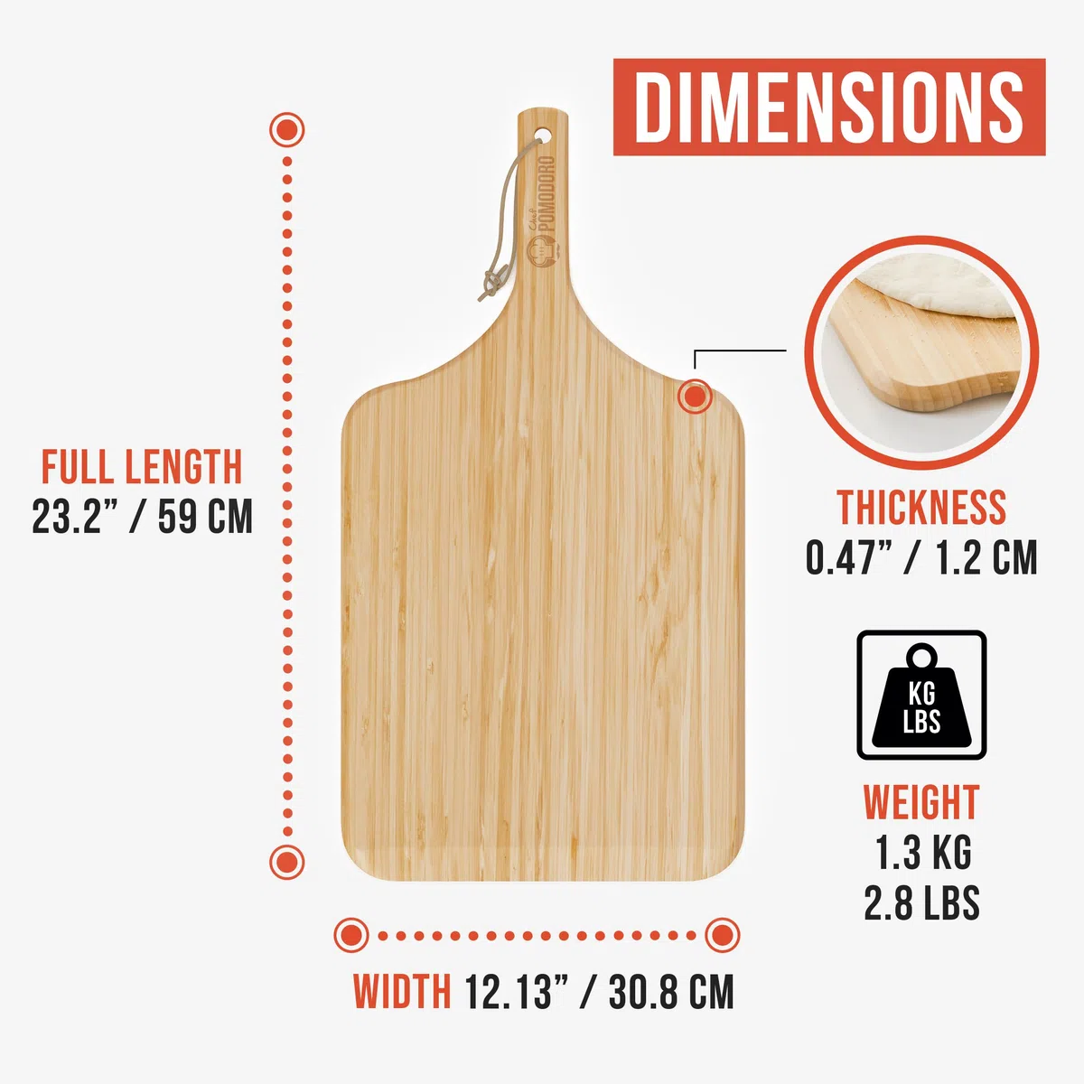 Chef Pomodoro Pala Pizza Bambú 2 en 1 - Tabla para Cortar y Servir | Pala para Pizza Fácil de Usar y Con un Diseño que No Ocupa Espacio 30,5 cm | Se Encaja con las Cajas para Masa