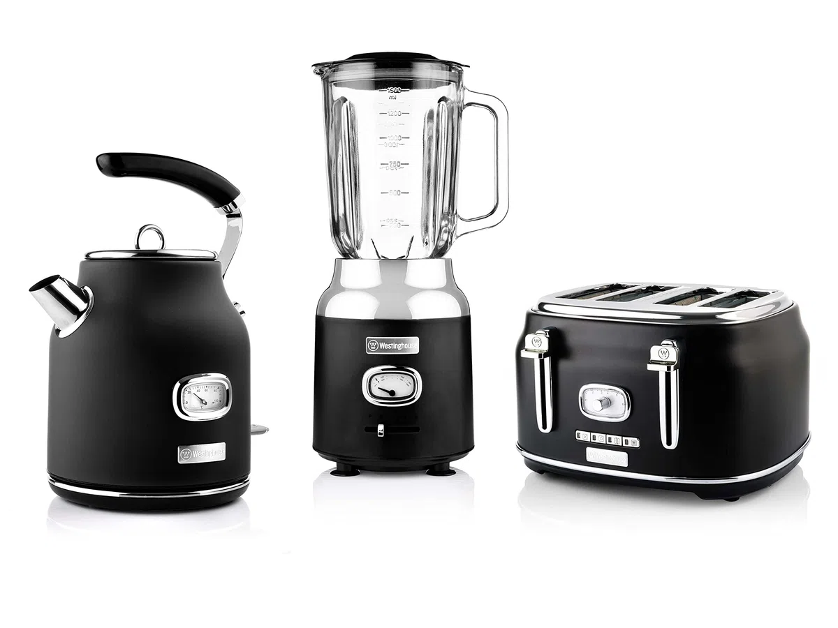 Westinghouse Retroline - Juego de desayuno (tostadora, batidora y hervidor de agua, 1,7 litros, filtro de cal y protección contra sobrecalentamiento, tostadora de cuatro ranuras con accesorio para