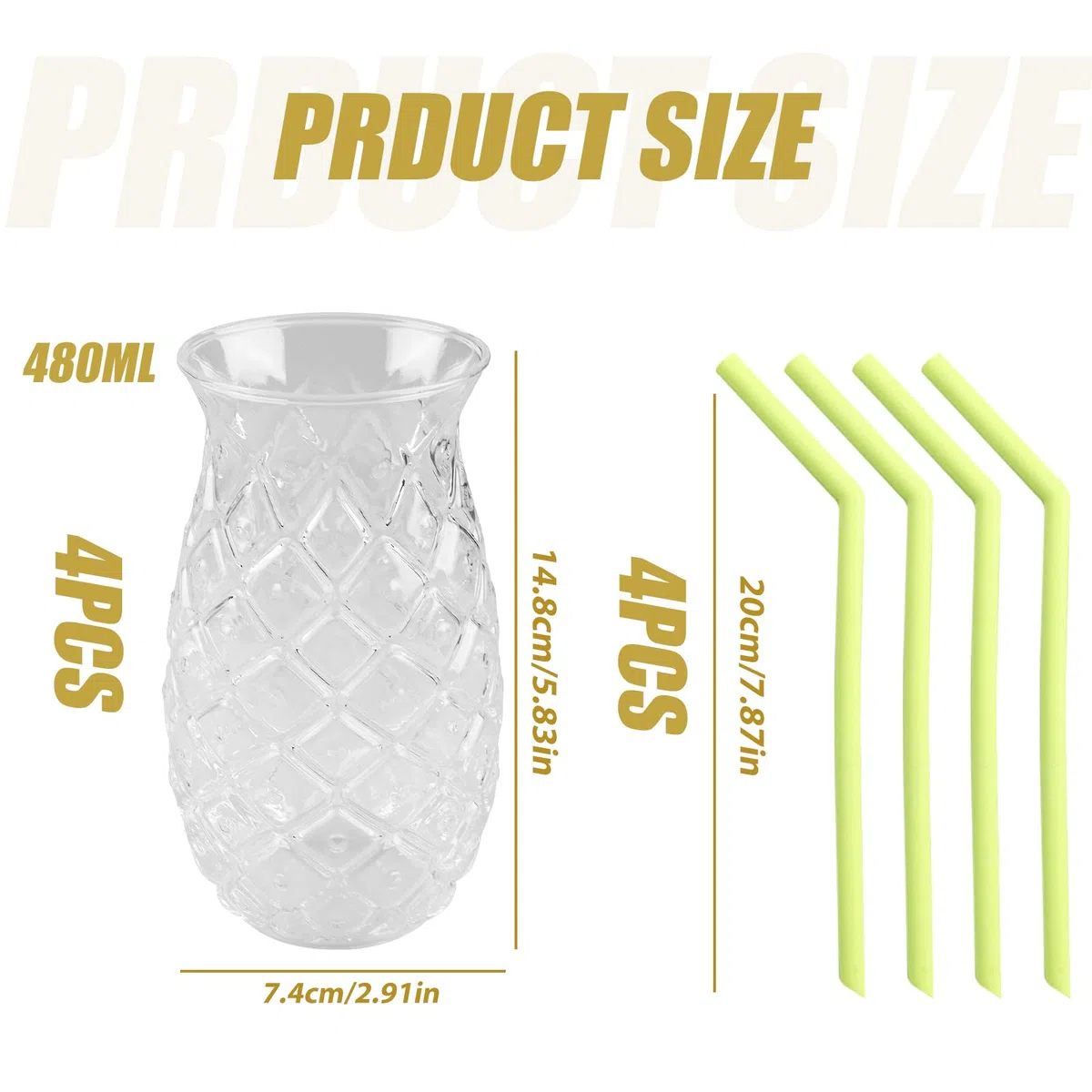 Juego de 4 vasos de piña: 400 ml, vasos de cóctel transparentes con relieve de piña, vasos de fiesta reutilizables con 4 pajitas + cepillos de paja, vasos de zumo en forma de piña para casa