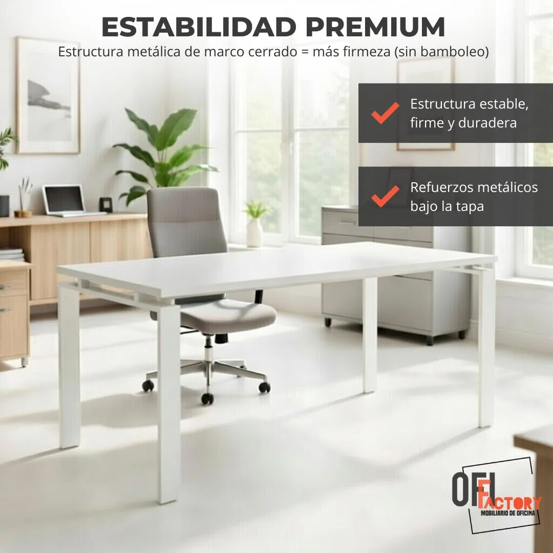 Mesa Oficina Profesional | Escritorio Madera con Tablero de Melamina 25 mm para Despacho, Teletrabajo, Ordenador o Estudio | Mesa Ordenador Escritorio Grande (Blanco, 140X80)