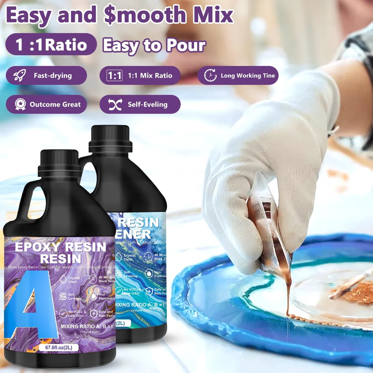 Kit Resina Epoxy Transparente 4L/135.2oz, 1:1 Relación, para Manualidades, Hacer Llaveros, Molde, Joyería, Mesa, Madera, DIY, Posavasos