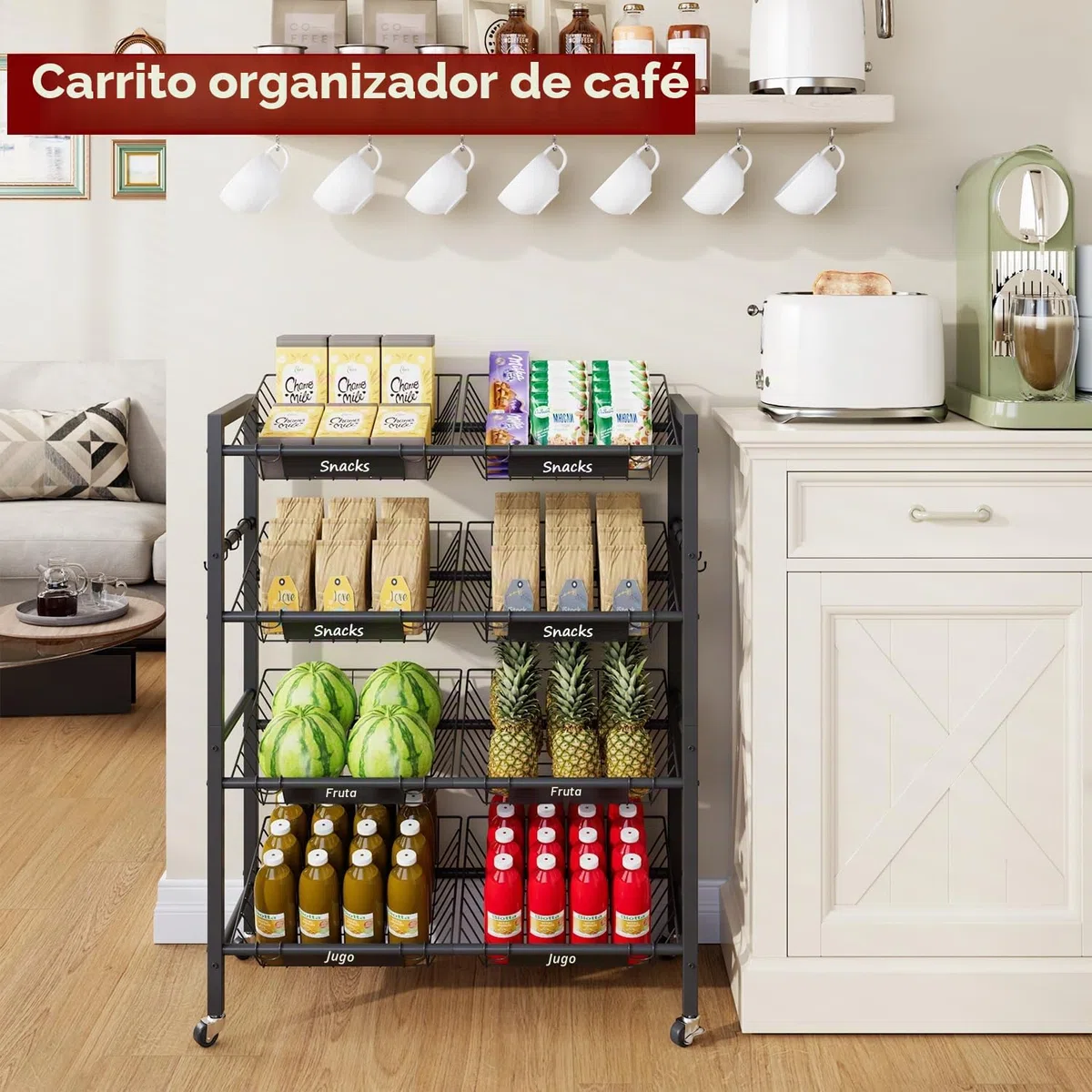 IBUYKE Grande Carrito Cocina Verdulero Frutero,Carro Auxiliar de Metal con 8 Cestas,Carrito Organizador con Ruedas para Vegetales Cebollas Patatas, Negro TLJ025B