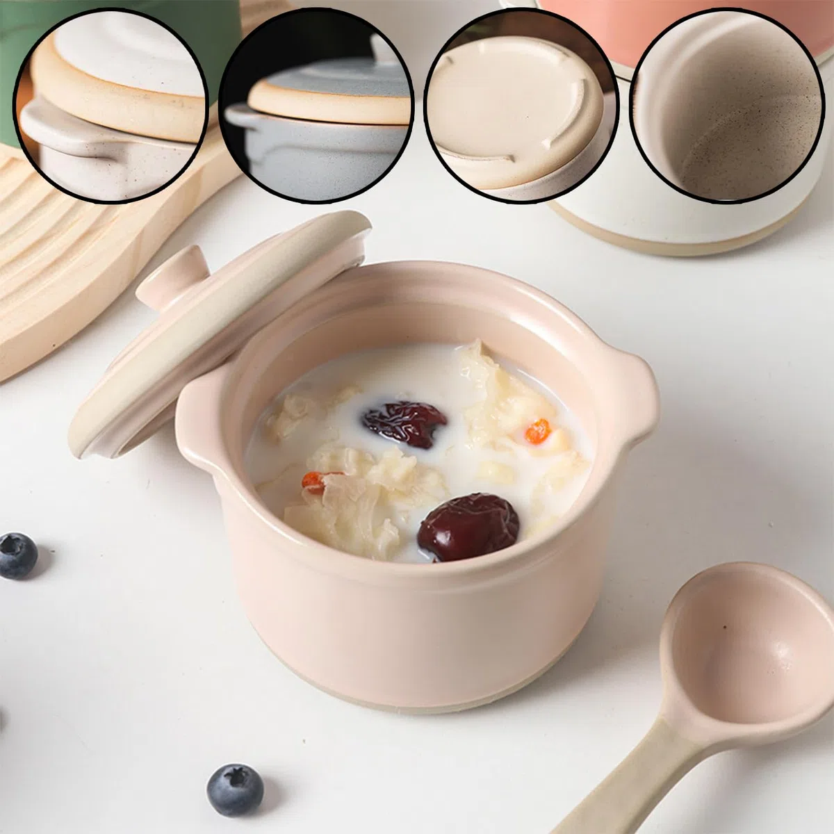Cuenco pequeño con tapa y cuchara, 400 ml, apto para horno y microondas, tazas de caldo (color morado)