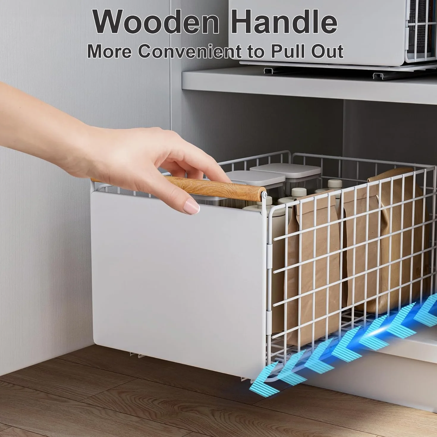 2 Piezas Cajones extraibles para Cocina, organizador de telescopio cajones más profundo con guías para cajones y manija de madera, cajón extraíble de metal Cocina - 40 L x 24 W x 19,5 H CM