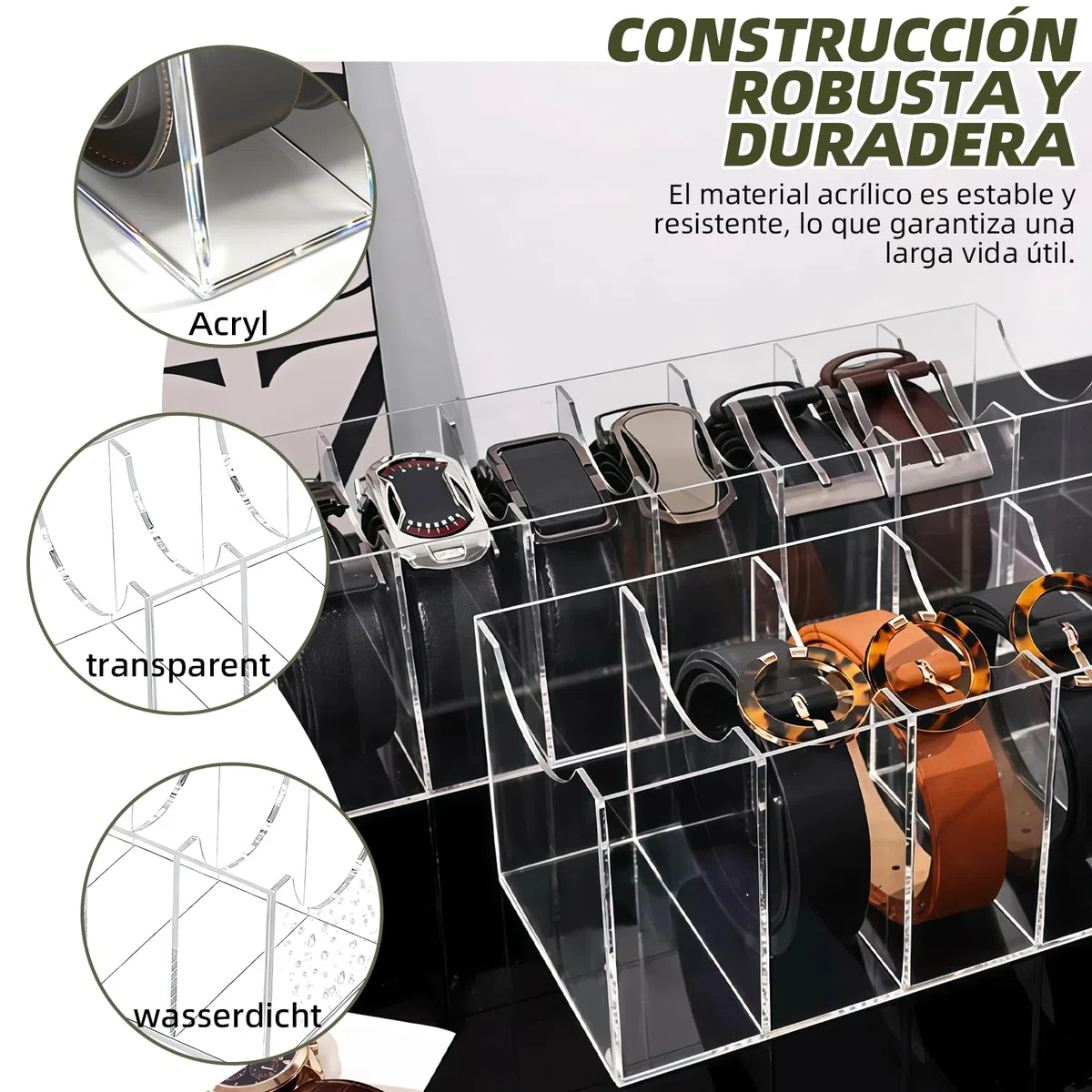 Caja organizadora de acrílico con 7 compartimentos y diseño de cajón. Ideal para organizar y guardar corbatas y cinturones en los cajones del armario.