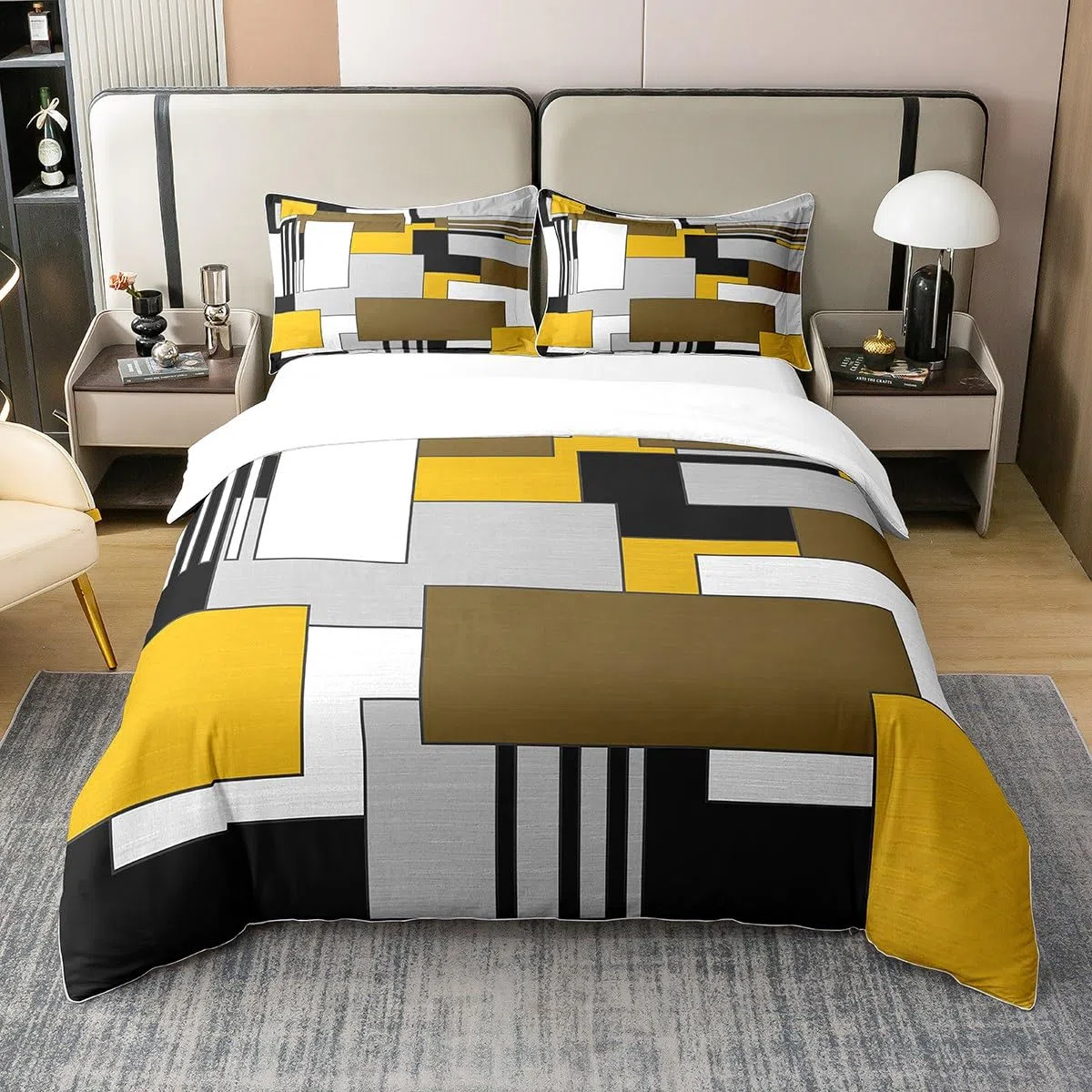 Juego de ropa de cama geométrica de color amarillo, gris y marrón, funda de edredón geométrica individual para niños y niñas, funda de edredón moderna abstracta, 100% algodón, transpirable, cuadrada,