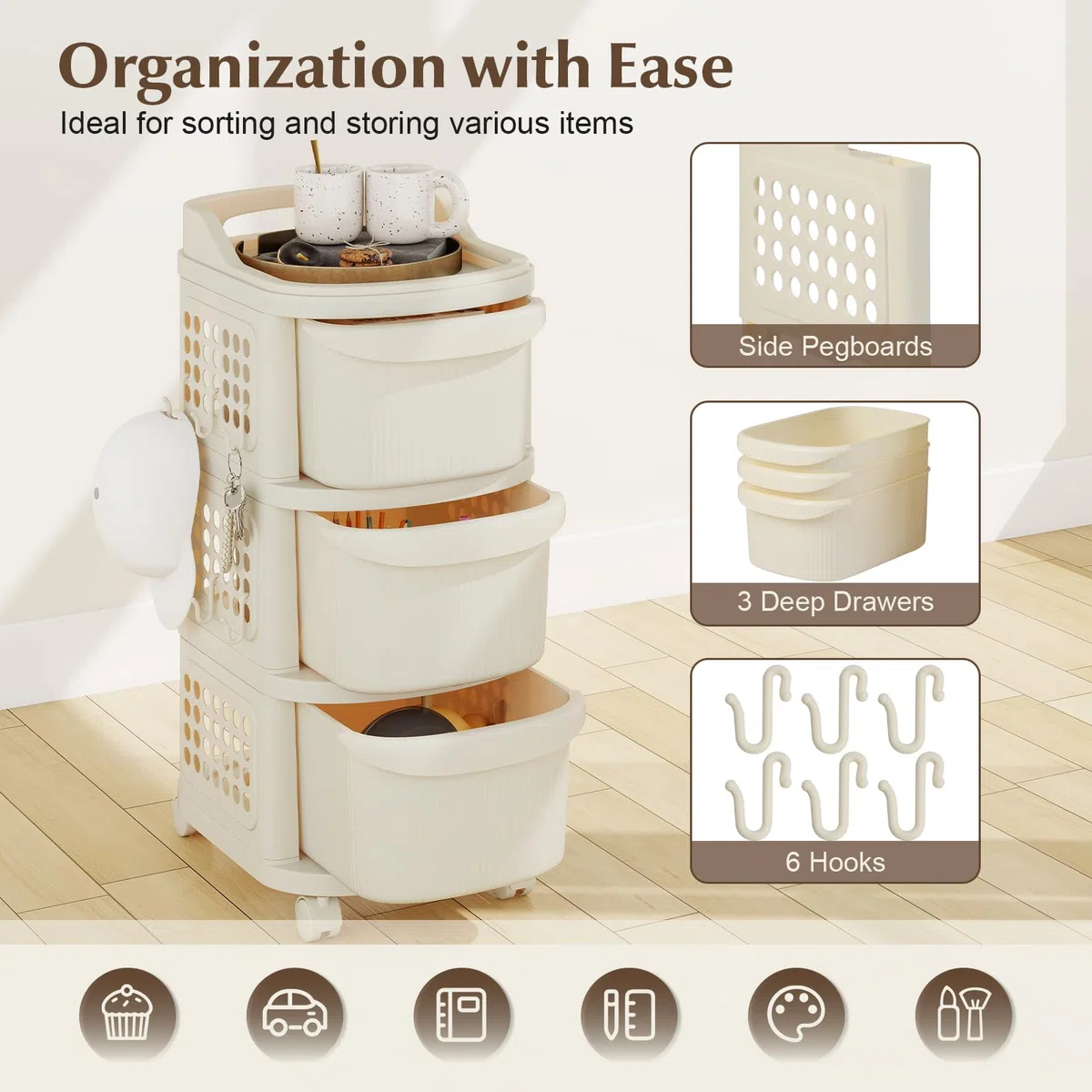 GIANTEX Carrito Auxiliar con Ruedas con 3/4 Cajones, Cajonera de Almacenamiento de Plástico con Paneles Perforados Laterales, 6 Ganchos, Carro Organizador para Salón, Dormitorio (3 Cajones)