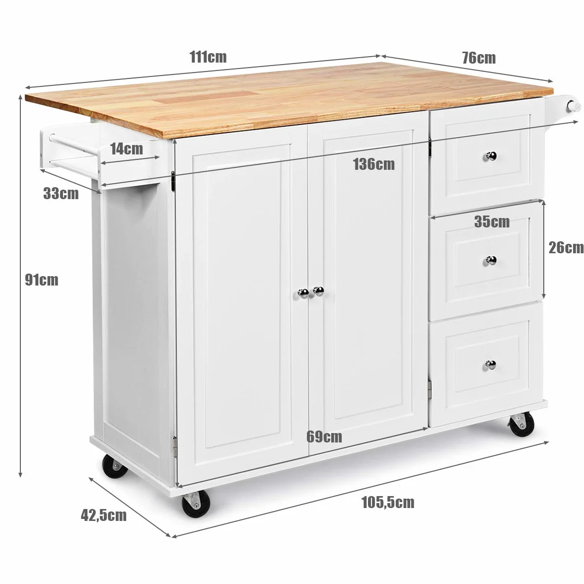 COSTWAY Carro de Cocina con Ruedas Carrito Auxiliar Carro de Servicio Multiuso Aparador Buffet para Comedor Restaurante (Blanco)