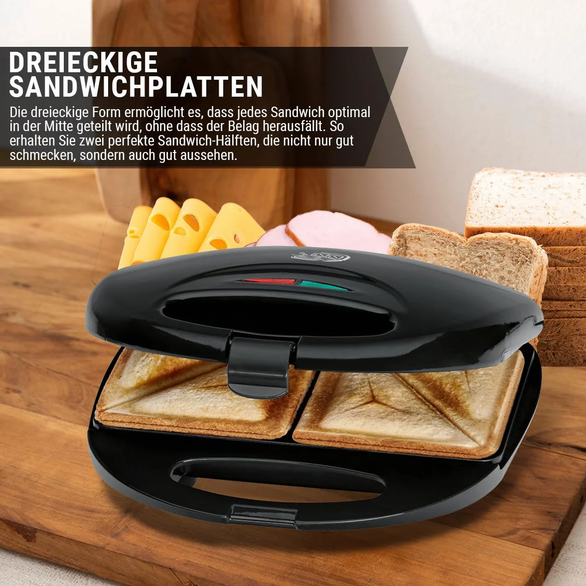 Clatronic ST 3477 sandwichera, tostadora de sandwich eléctrica, sandwichera con placas triangulares para sandwich (recubrimiento antiadherente), control automático de temperatura, 750 vatios, negro