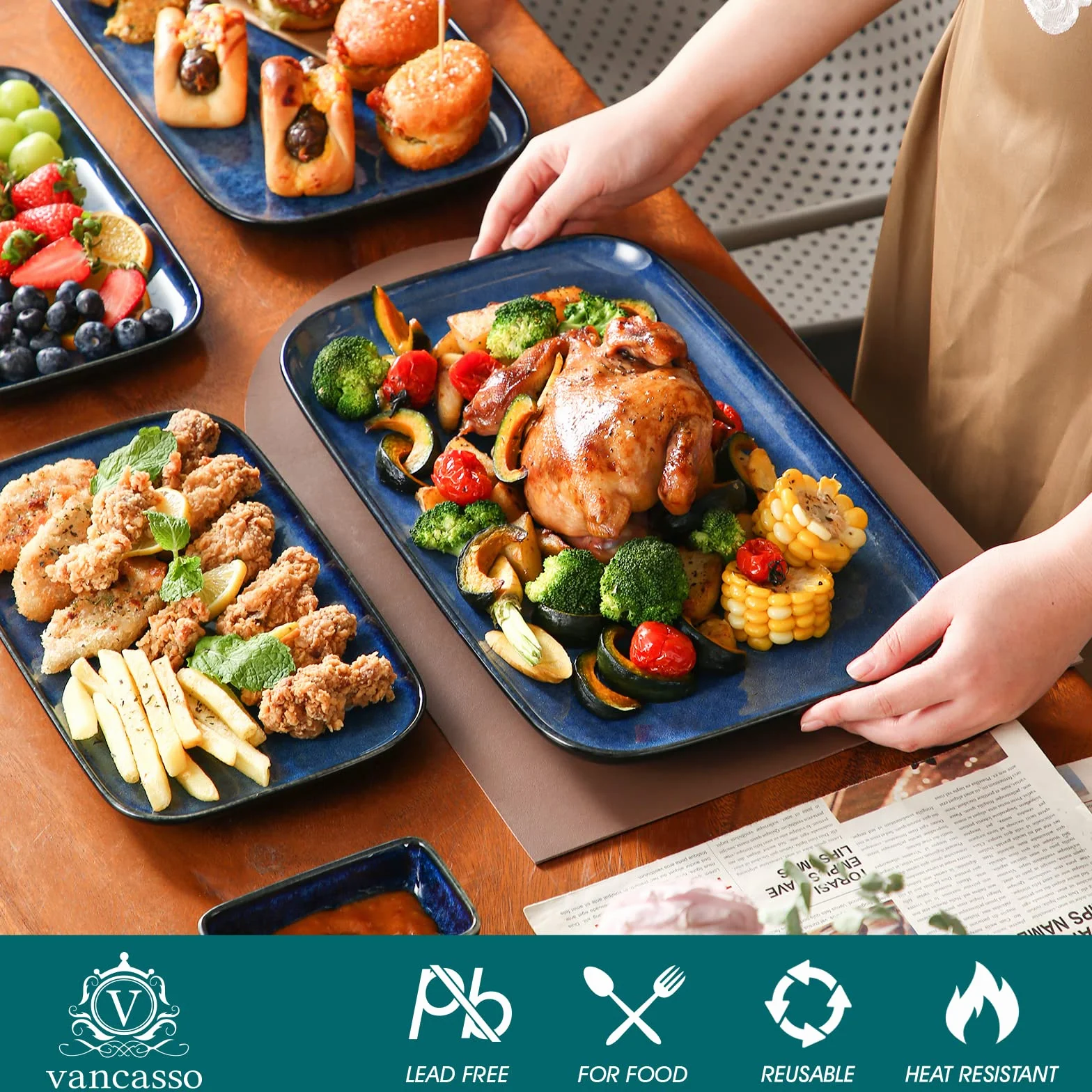 vancasso Ceramic Serving Platters Set de 3, 15/13/11 pulgadas Platos rectangulares de porcelana para la cena, fiesta