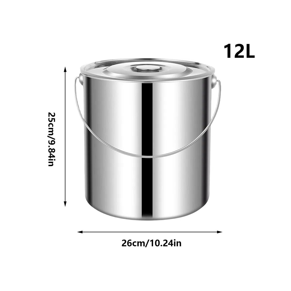 Cubo de acero inoxidable con tapa 6/12/20L Cubo con tapa y asa de transporte Cubo de metal robusto Cubo de agua de acero inoxidable para sopa, leche, harina, cereales, accesorios de cocina